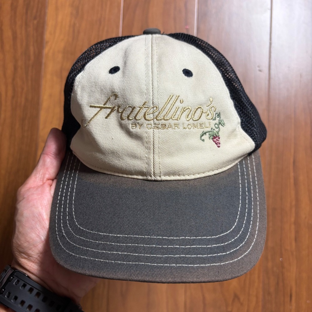District Fratellino's by Cesar Lomeli Trucker Hat Snapback Mesh Cap Tan Grey